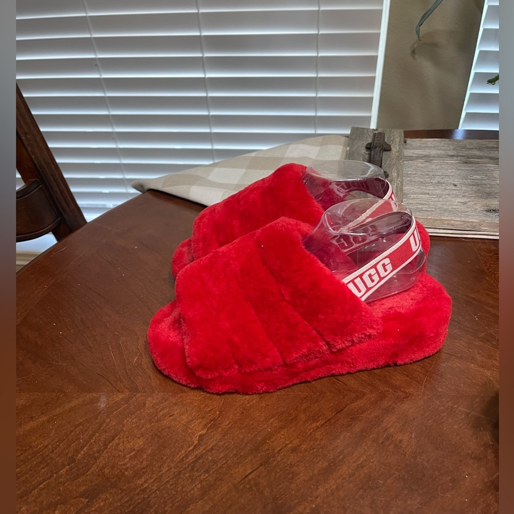 UGG Red Plush Slide Slippers with Branded Heel Strap